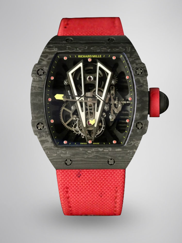 Richard Mille RM Series RM 27-03 carbon fiber case red strap skeleton tourbillon dial front view