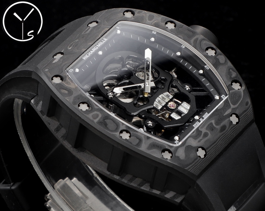 Richard Mille RM Series RM 52-01 carbon fiber camouflage case black rubber strap skull tourbillon dial angled side view