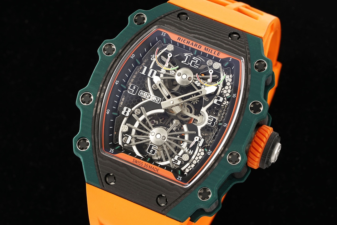 Richard Mille RM21-02 Tourbillon Aerodyne Green Quartz TPT Orange Rubber Strap Angled Front View