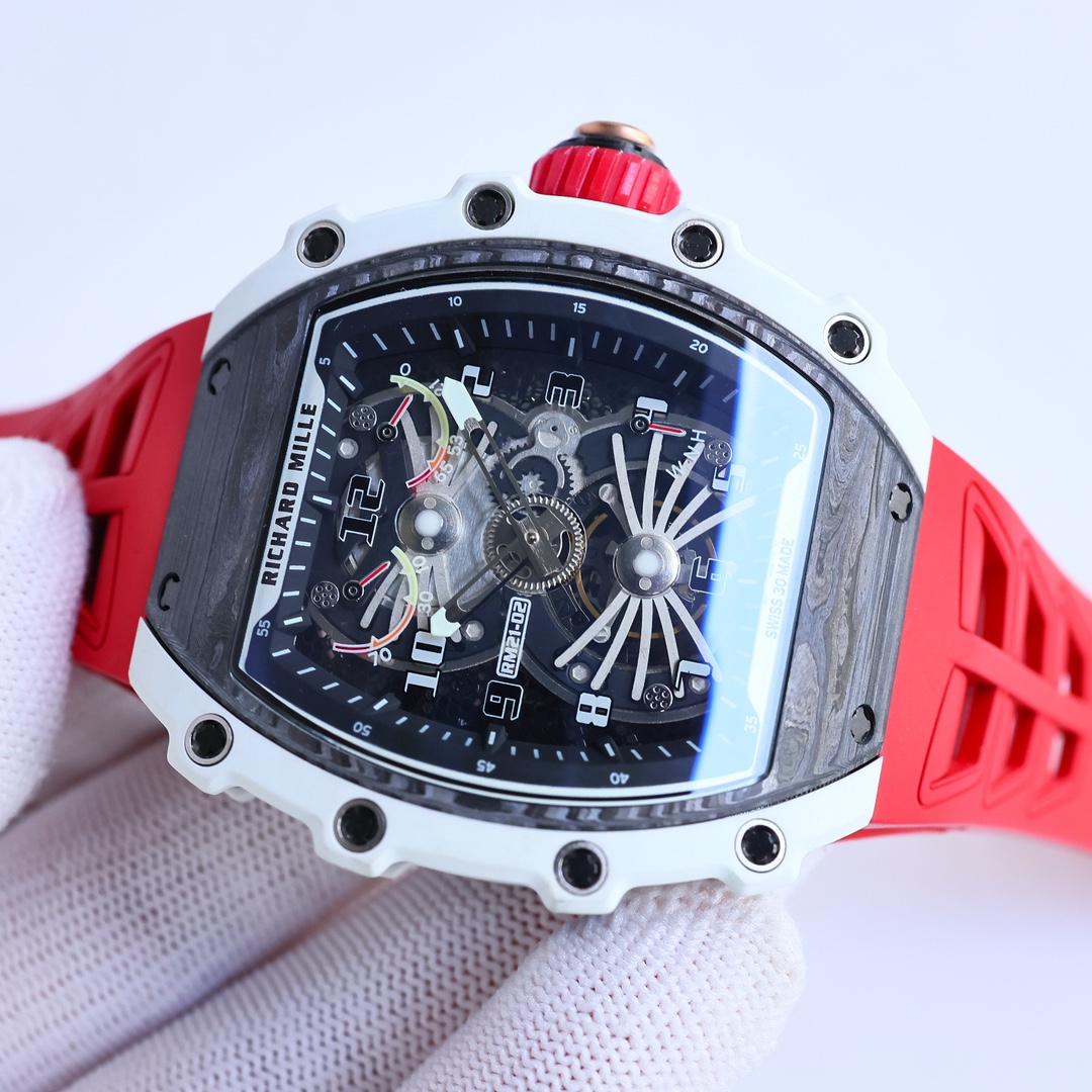 Richard Mille RM21-02 Tourbillon Aerodyne White Case Black Skeleton Dial Red Rubber Strap Close-Up Front View