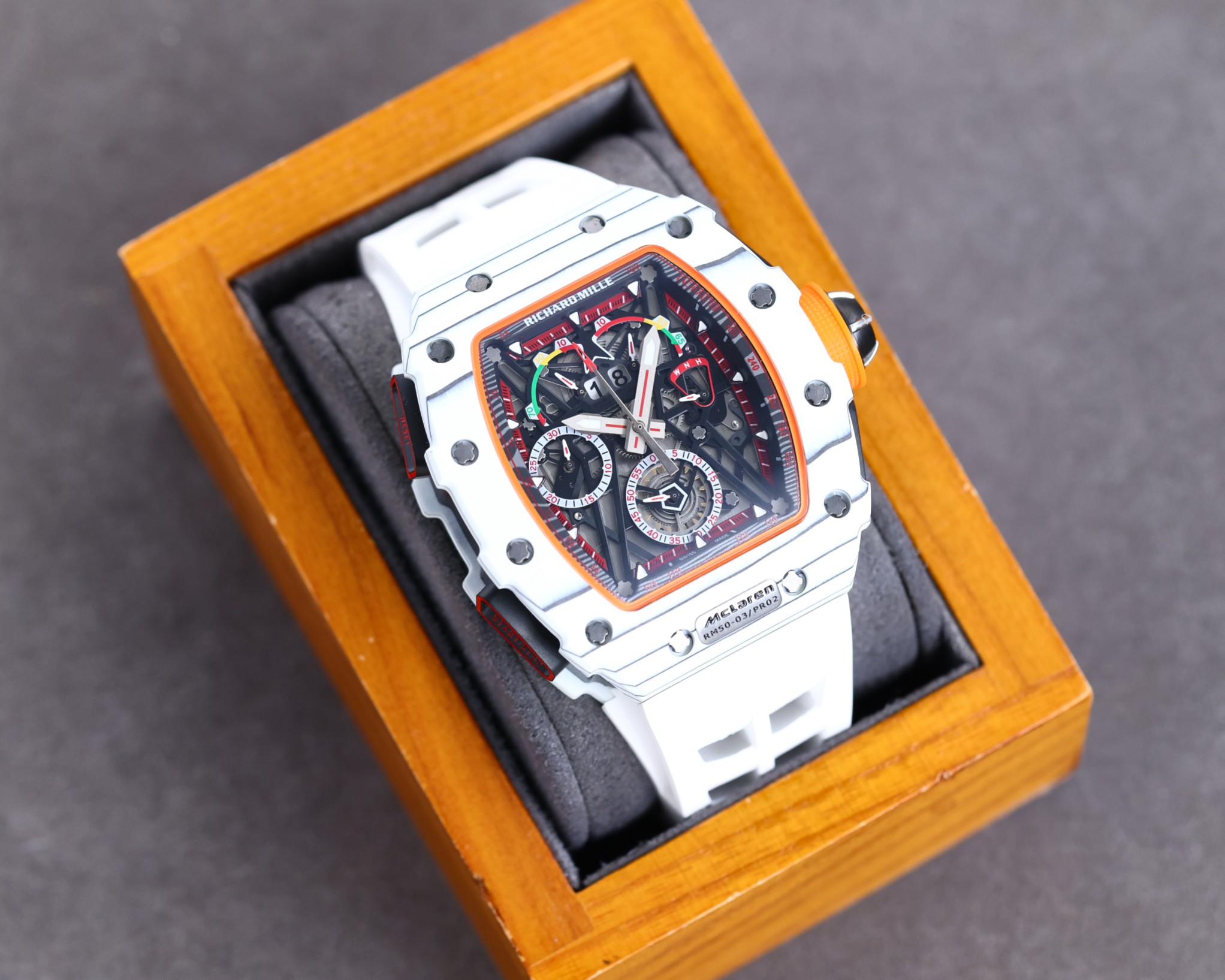 Richard Mille RM50-03 McLaren White Carbon Fiber Case White Strap Skeleton Dial Angled View