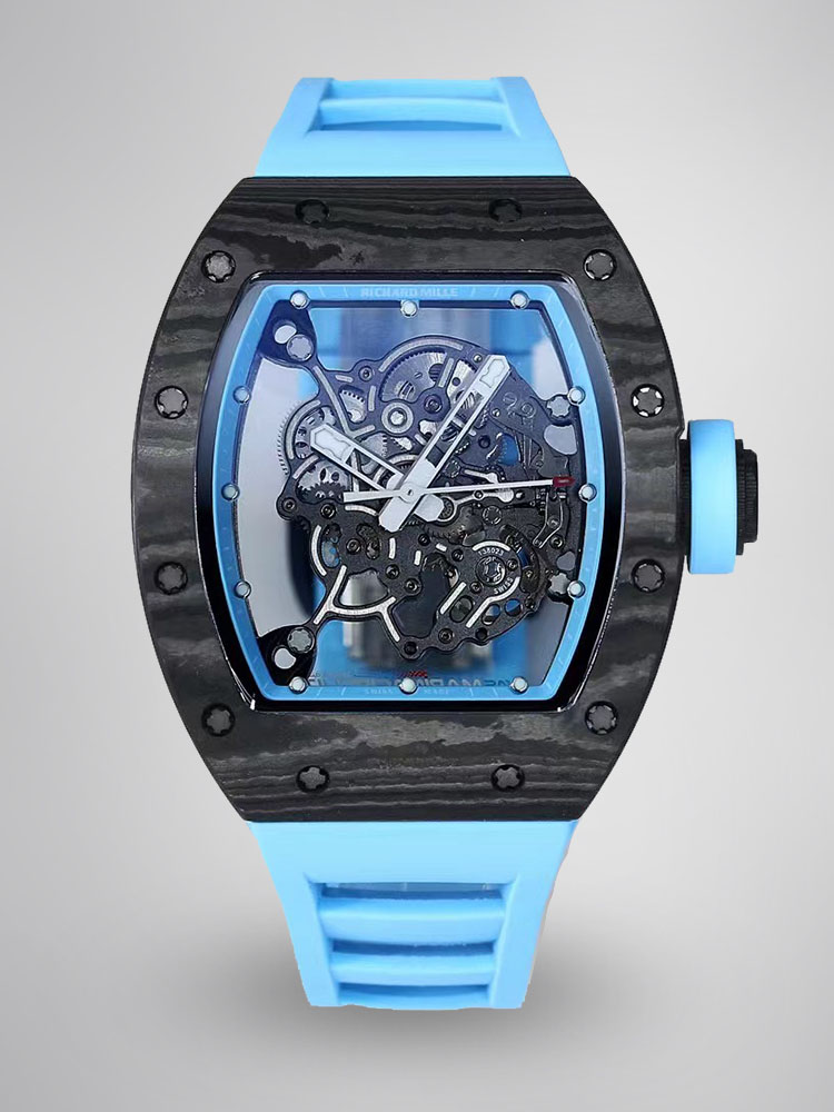 Richard Mille RM055 Black NTPT Carbon Light Blue Strap Skeleton Dial Front View