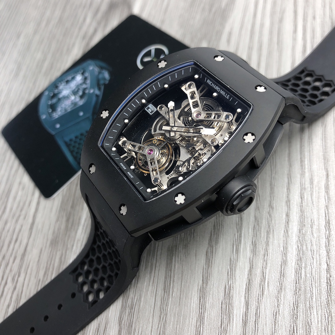 Replica Richard Mille RM 027 Tourbillon Watch Black Titanium Case Black Rubber Strap Skeleton Dial Close-Up Angle Detail View
