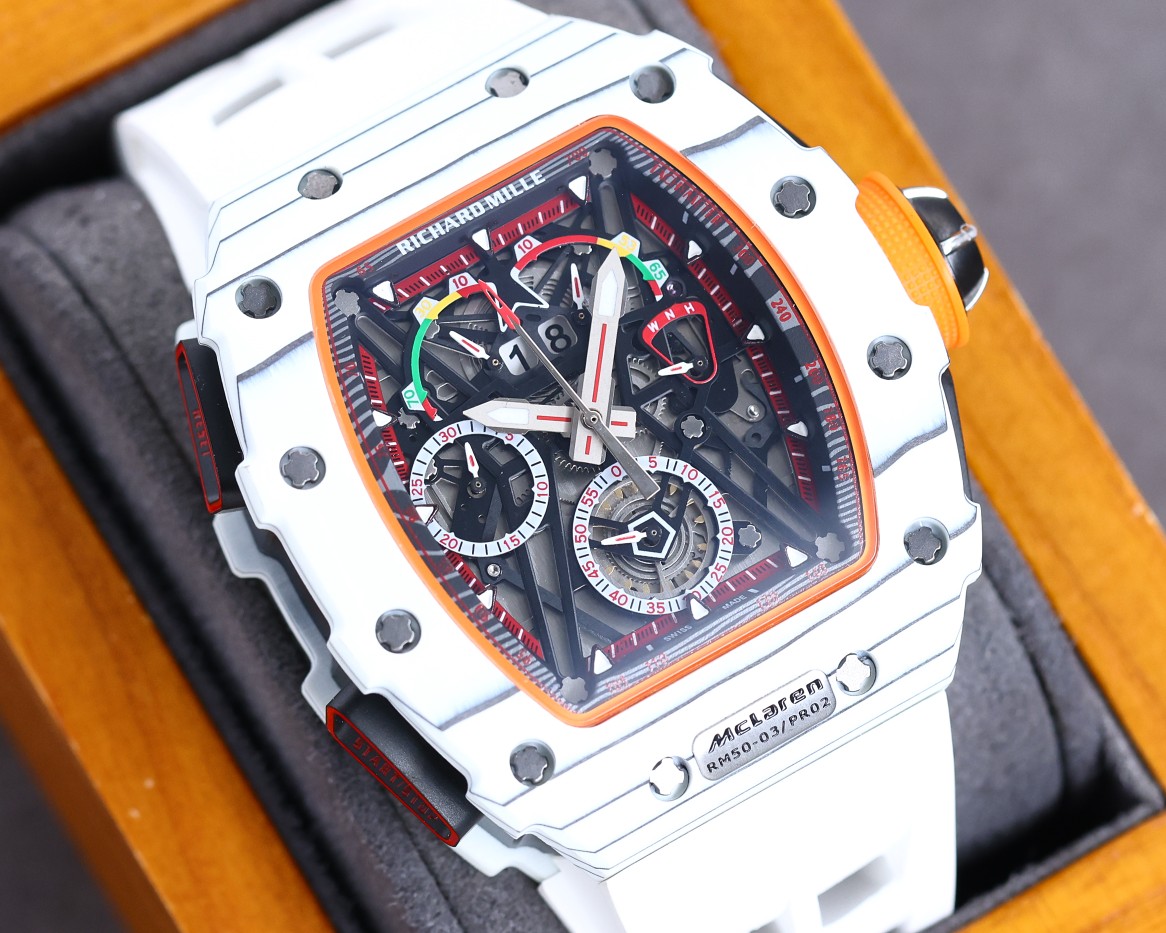 Richard Mille RM50-03 McLaren White Carbon Fiber Case White Strap Skeleton Dial Close-Up Detail View