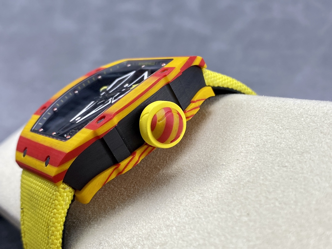 Richard Mille RM27-03 Rafael Nadal Tourbillon Carbon Fiber Yellow Red Case Crown Side Detail