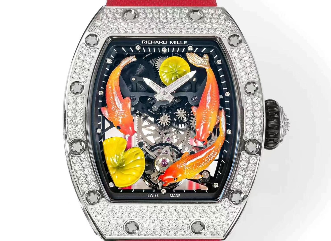 Richard Mille RM S10 Koi Tourbillon Diamond Case Skeleton Dial Red Black Nylon Strap Dial Detail View