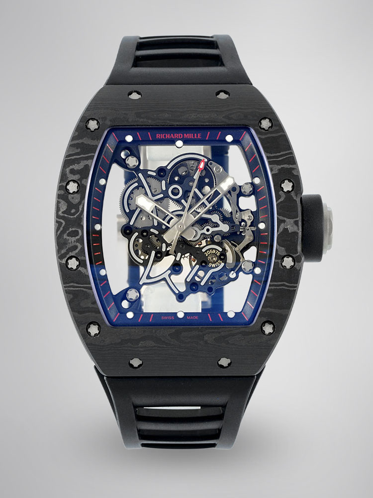 Richard Mille RM055 Skeleton Watch Black Carbon Fiber Black Rubber Strap Front View