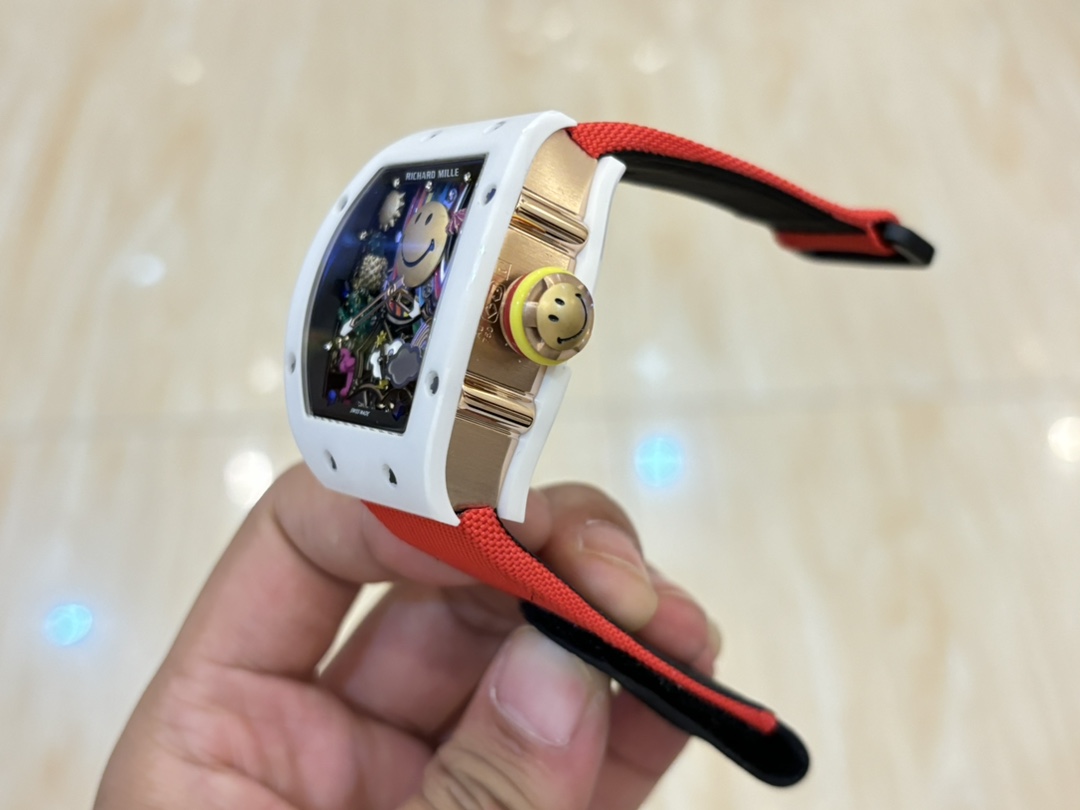 Richard Mille RM88 Smiley White Case Skeleton Dial Red Black Nylon Strap Side Crown Detail View
