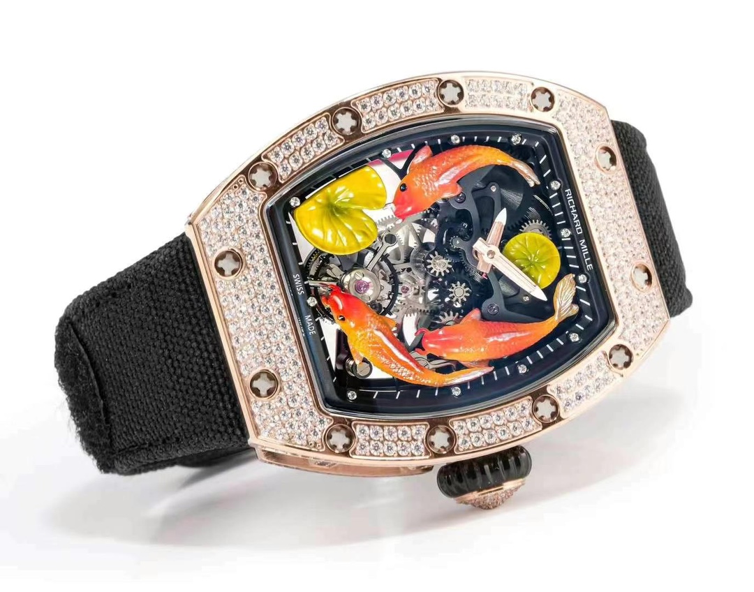 Richard Mille RM S10 Koi Tourbillon Rose Gold Diamond Case Black Nylon Strap Horizontal Dial View