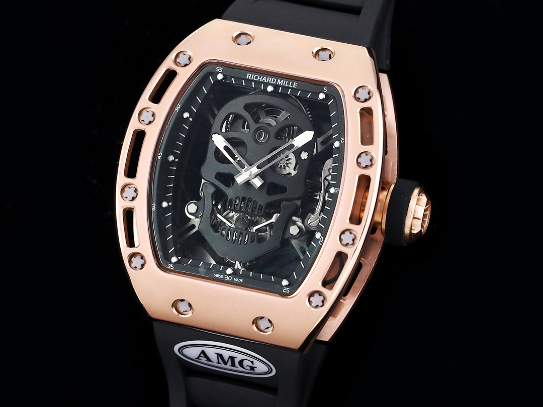 Richard Mille RM052 Collection RM052 Black Skull Dial with Rose Gold Case and Black Strap Angled Perspective View