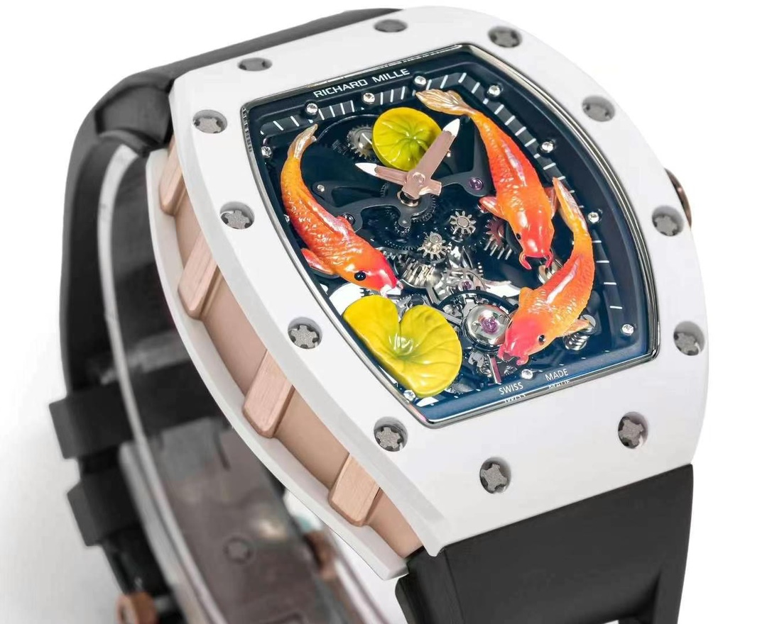 Richard Mille RM S10 Koi Tourbillon Black Rubber Strap White Ceramic Case Side Angle Detail View