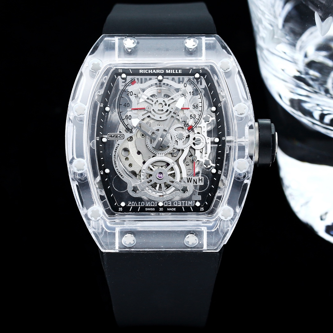 Richard Mille RM56 Collection RM56-01 Transparent Case Black Strap Front View Clean Display