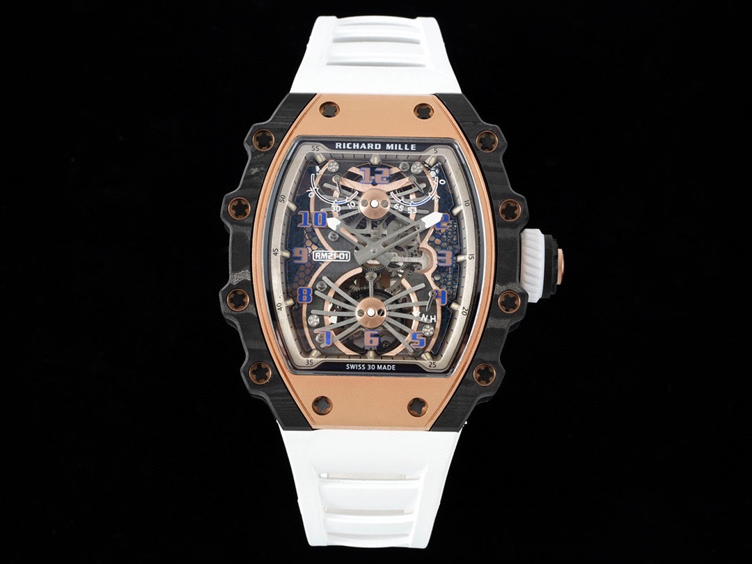 Richard Mille RM21-01 Aerodynamic Tourbillon Carbon Rose Gold Skeleton White Rubber Strap Full Watch Display