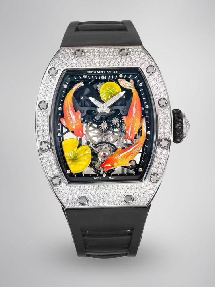 Richard Mille RM S10 Koi Tourbillon Diamond Bezel Black Skeleton Dial Black Rubber Strap Front View