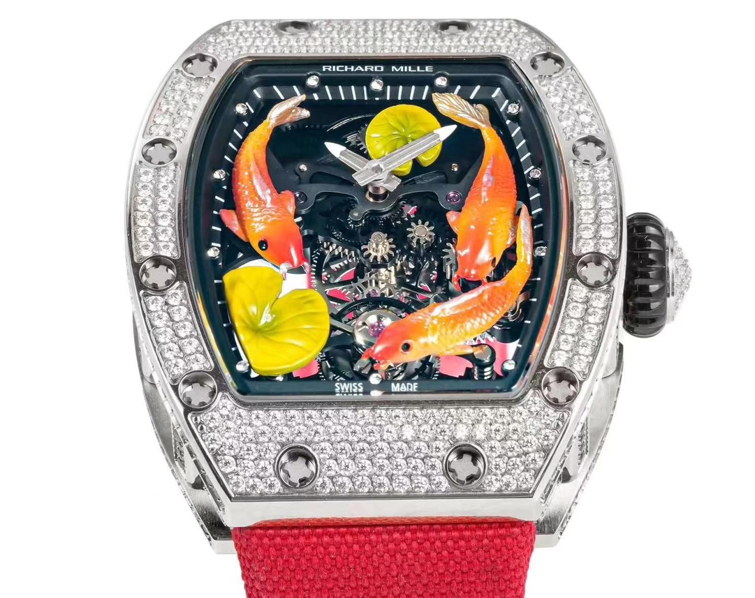 Richard Mille RM S10 Koi Tourbillon Diamond Case Skeleton Dial Red Black Nylon Strap Close-Up Detail View