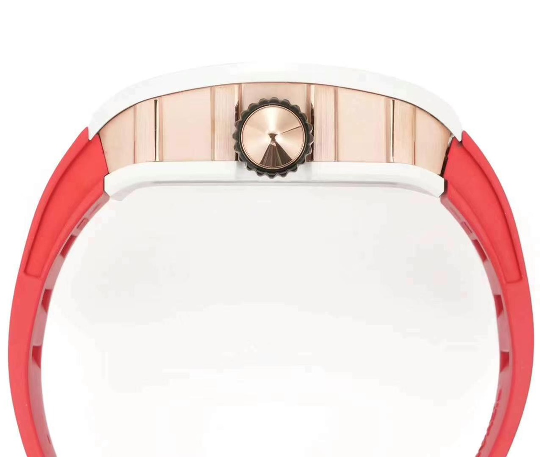 Richard Mille RM S10 Koi Tourbillon Red Rubber Strap White Ceramic Case Crown Side Profile View
