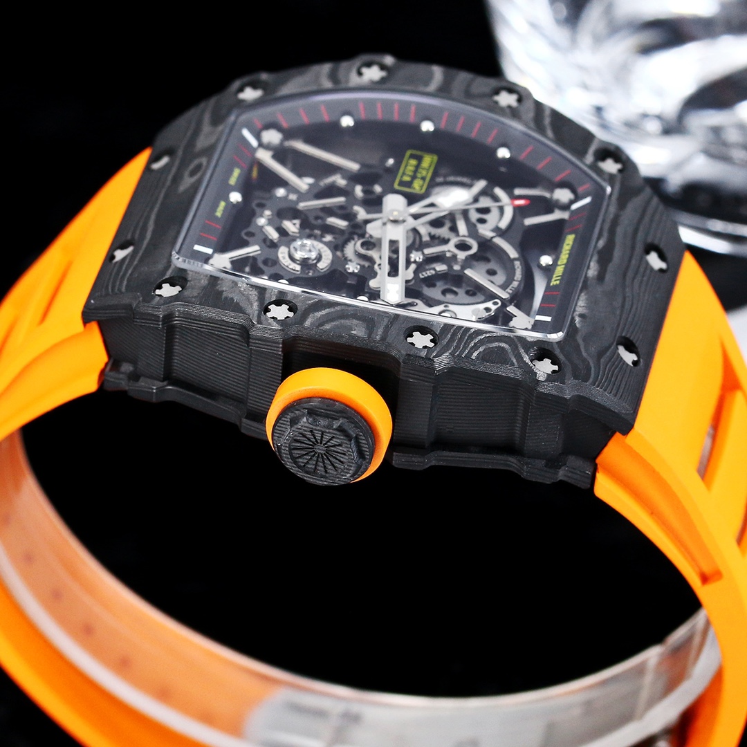 Richard Mille RM35-02 Carbon Case Black Orange Rubber Strap Case Side View