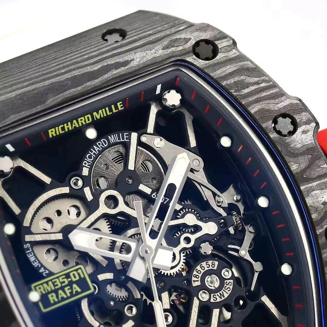 Richard Mille RM35-01 Rafael Nadal Skeleton Carbon Fiber Case White Strap Sport Watch Dial Close-Up View