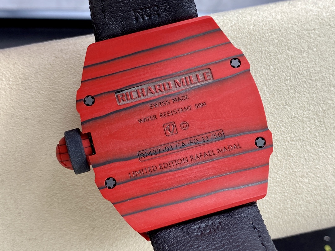 Richard Mille RM 27-03 Nadal Red Black Carbon TPT Caseback Engraving Limited Edition Detail View