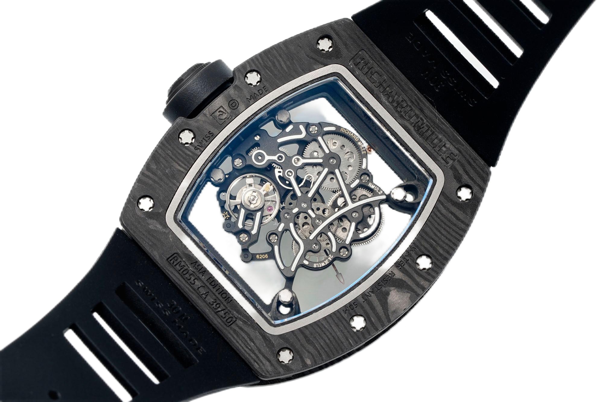 Richard Mille RM055 Carbon Fiber Black Skeleton Dial Angled Detail View