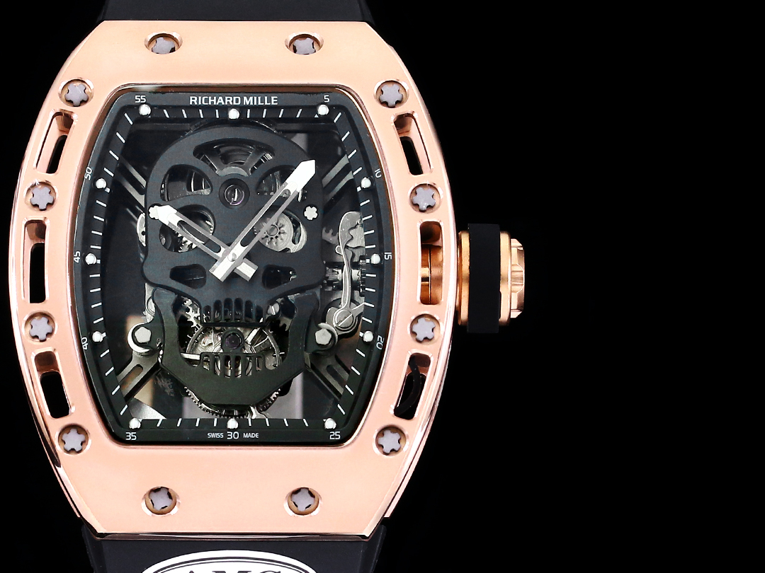 Richard Mille RM052 Collection RM052 Black Skull Dial with Rose Gold Case and Black Rubber Strap Front Close-Up View