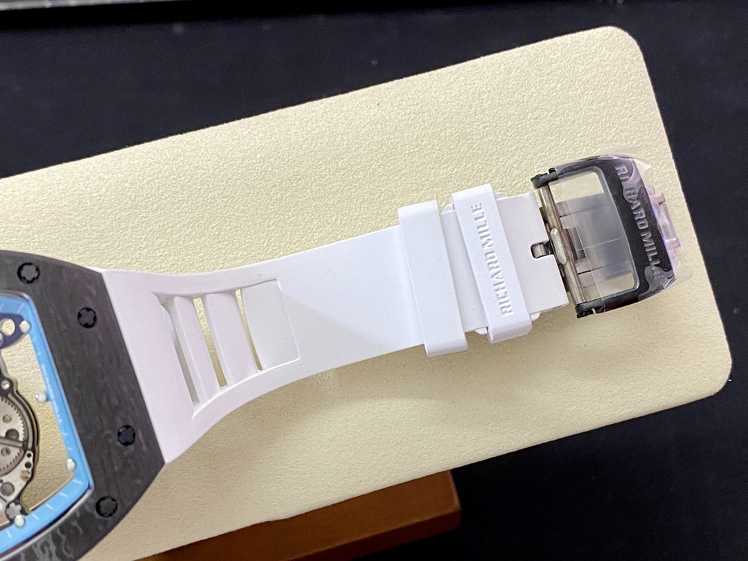 Richard Mille RM055 Yas Marina Abu Dhabi Limited Edition white rubber strap carbon fiber case deployant clasp detail view