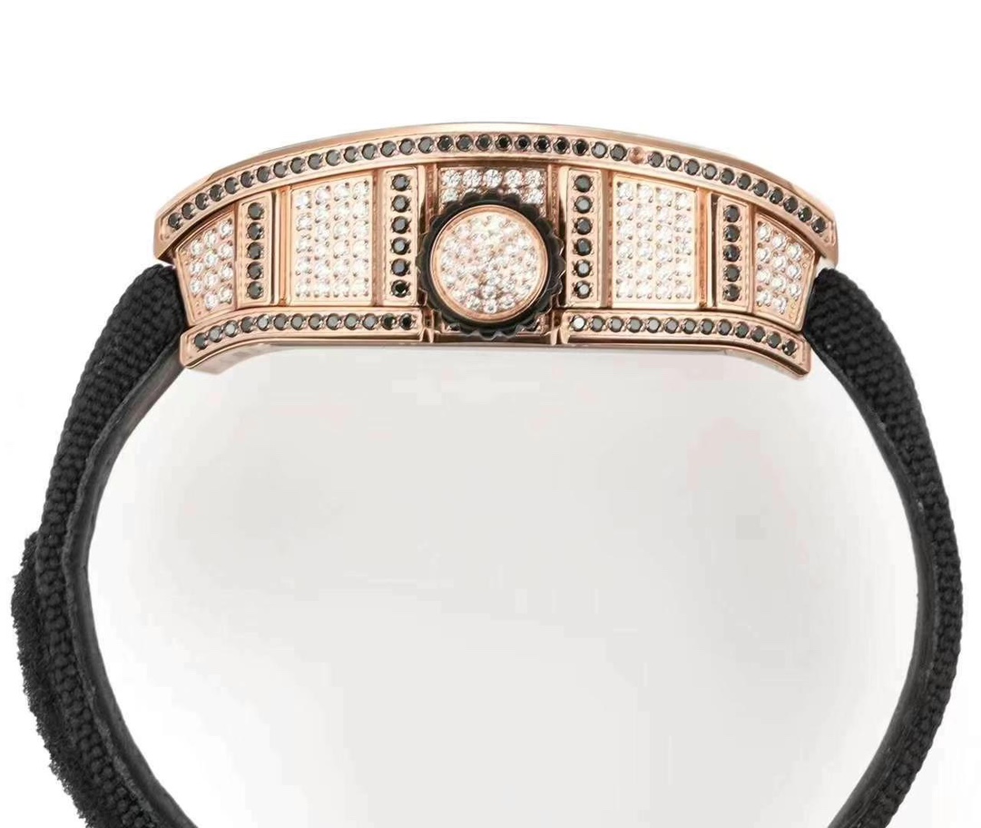 Richard Mille RM S10 Koi Tourbillon Rose Gold Diamond Case Black Nylon Strap Crown Side Profile View