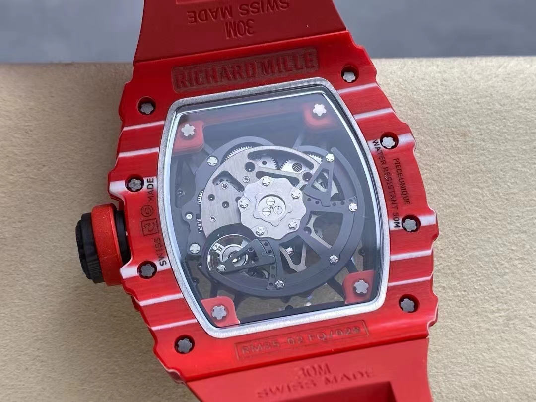 Richard Mille RM Series RM35-02 red case transparent caseback movement detail view