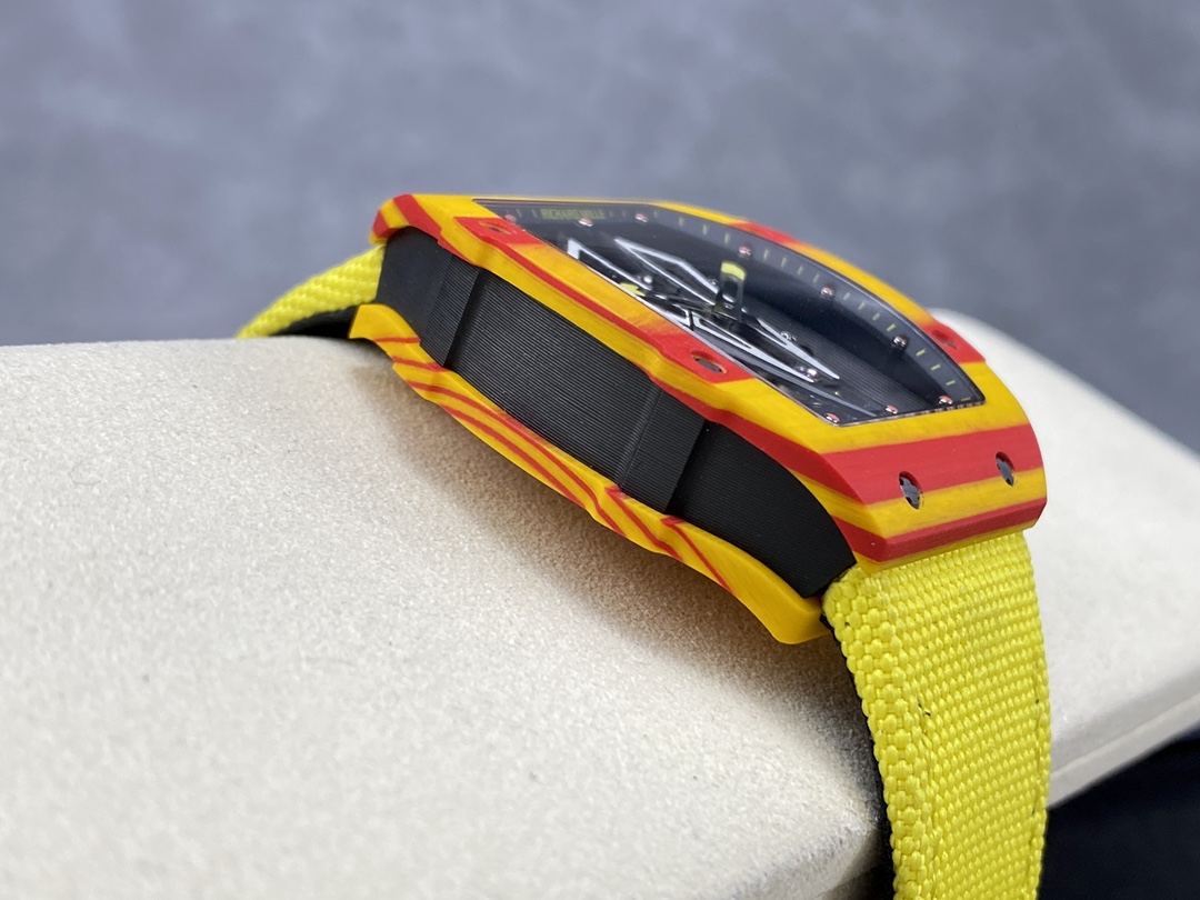 Richard Mille RM27-03 Rafael Nadal Tourbillon Carbon Fiber Yellow Red Case Side Profile View