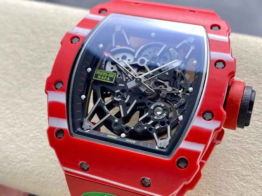 Richard Mille RM35-02 red carbon fiber case black skeleton dial side angle detail view luxury sports watch display
