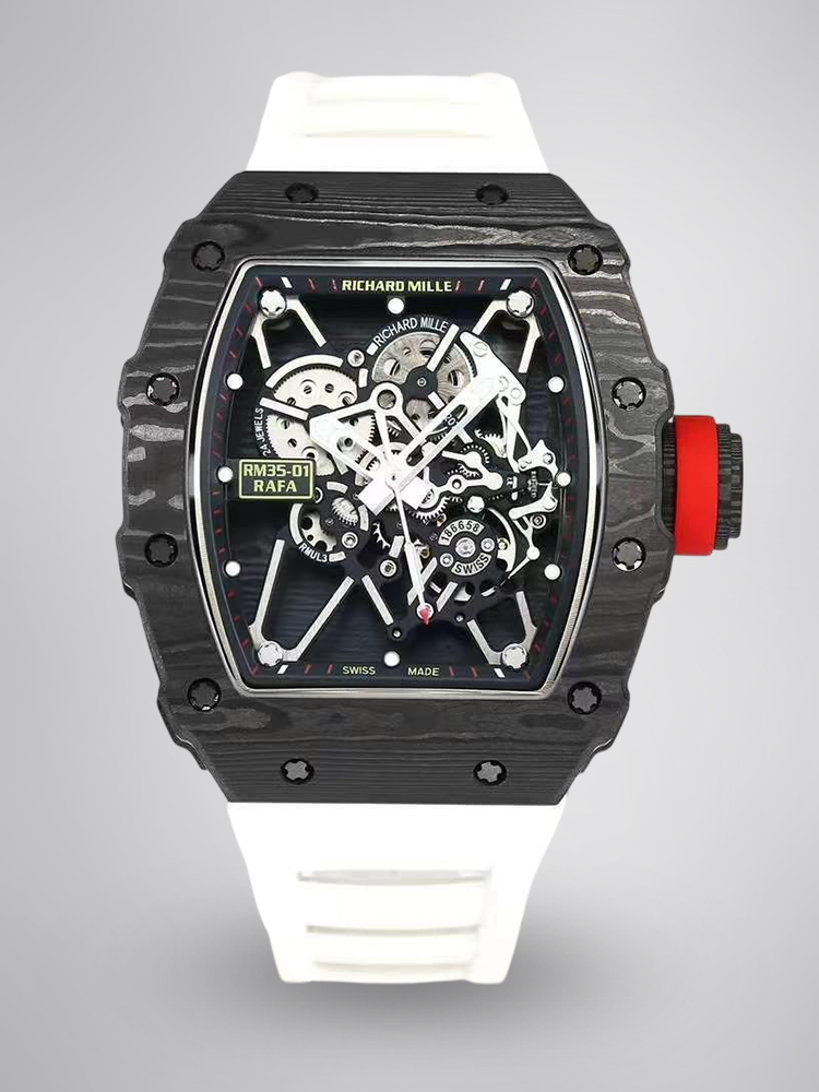 Richard Mille RM35-01 Rafael Nadal Skeleton Carbon Fiber Case White Strap Sport Watch Front View