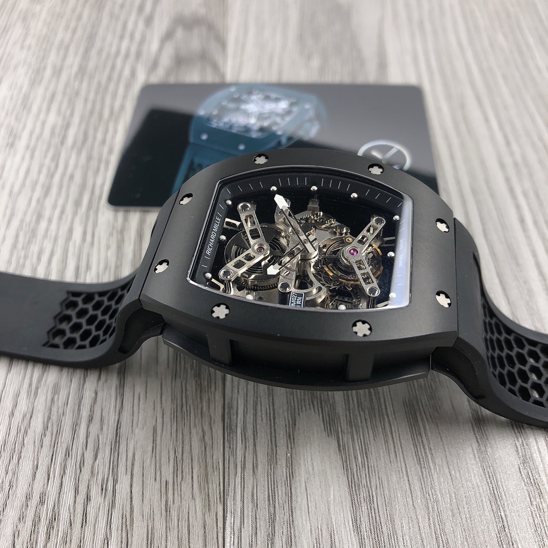 Replica Richard Mille RM 027 Tourbillon Watch Black Titanium Case Black Rubber Strap Skeleton Dial Side Profile Detail View