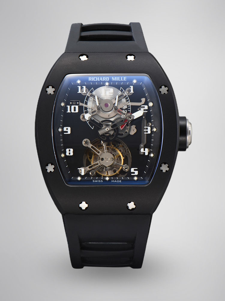Richard Mille RM001 Tourbillon Black Case Black Skeleton Dial Black Rubber Strap Front View