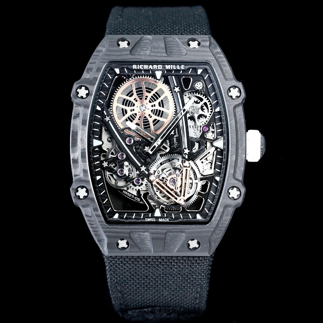 Richard Mille RM Series RM27-05 black carbon fiber case black fabric strap skeleton flying tourbillon mechanical watch front view