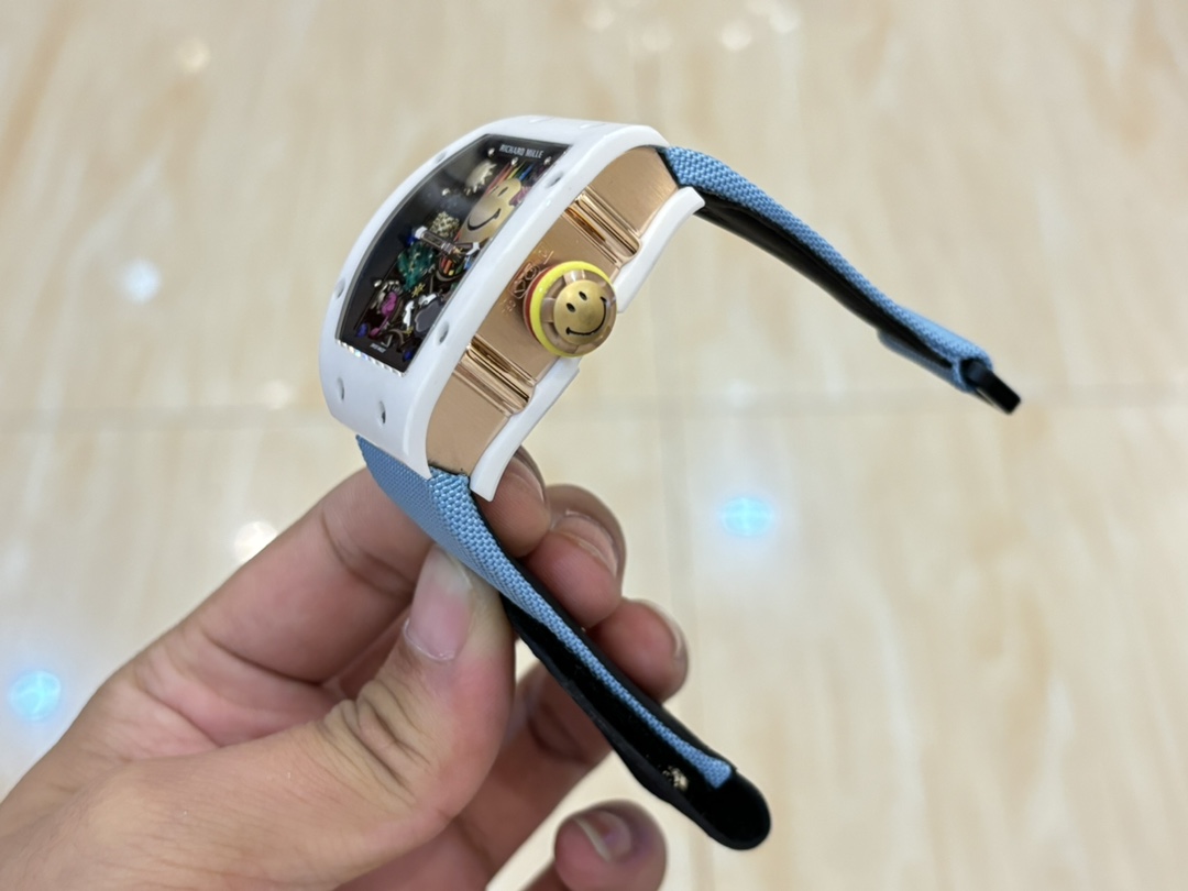 Richard Mille RM88 Smiley Tourbillon White Blue Side View Crown Detail Luxury Watch