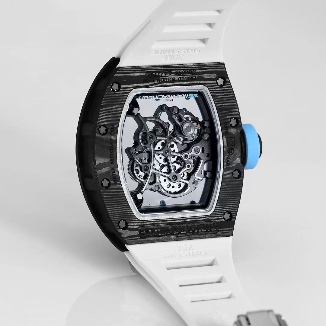 Richard Mille RM055 Skeleton Carbon Fiber Case White Rubber Strap Blue Accents Caseback Movement View