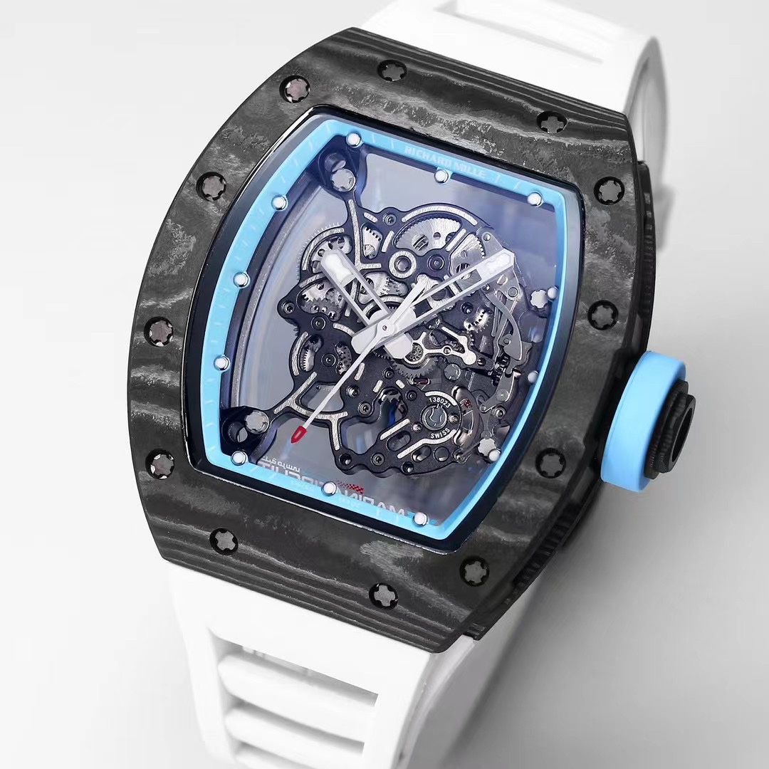 Richard Mille RM055 Skeleton Carbon Fiber Case White Rubber Strap Blue Accents Angled View
