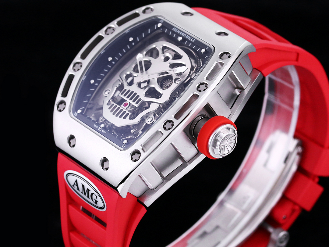Richard Mille RM52 Tourbillon Red Rubber Strap Silver Case Skull Skeleton Dial Crown Detail View