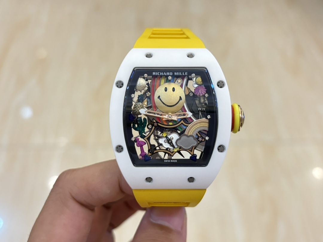 Replica Richard Mille RM 88 Smiley Tourbillon Watch White Case Yellow Strap Gold Smiley Dial Front Close-Up View