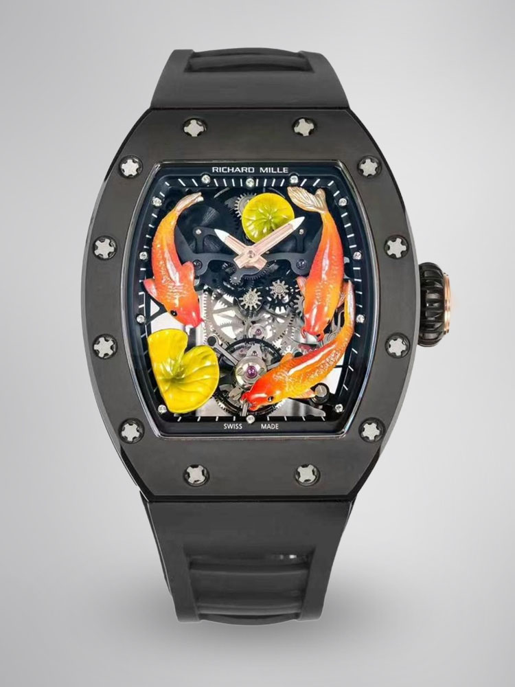 Richard Mille RM S10 Koi Tourbillon Black Case Black Strap Full Watch Front View