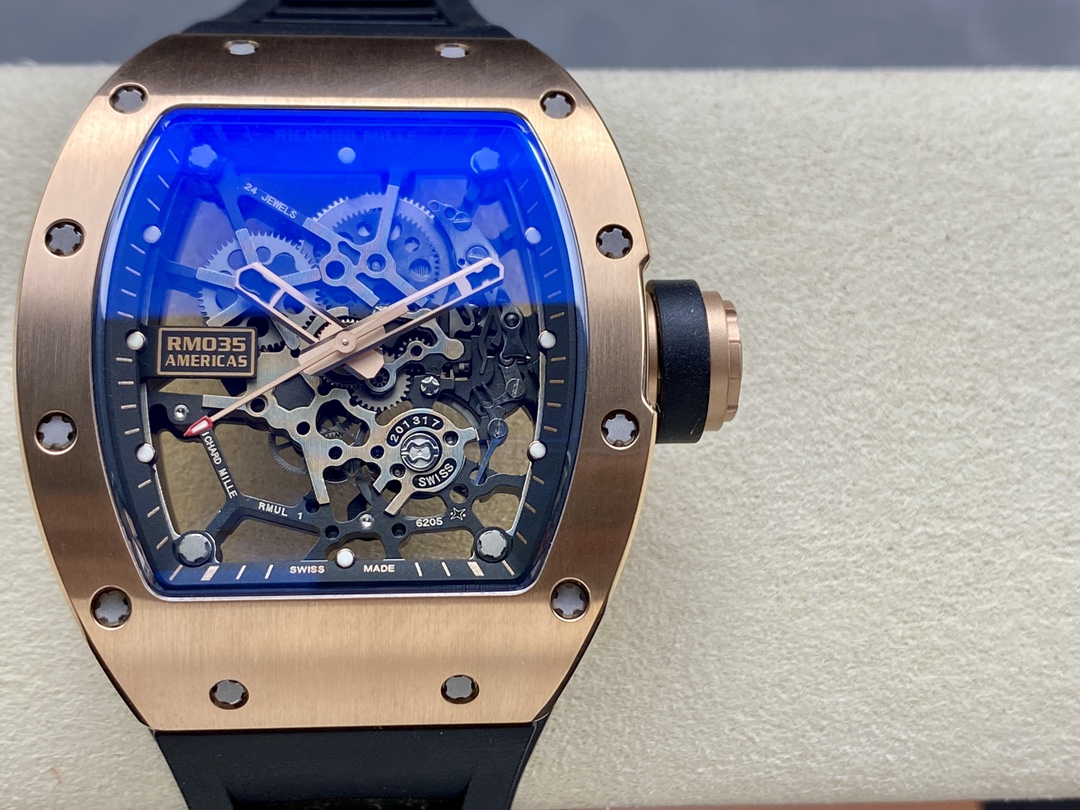 Richard Mille RM035 Americas Edition Rose Gold Case Black Rubber Strap Dial Close-Up Front View