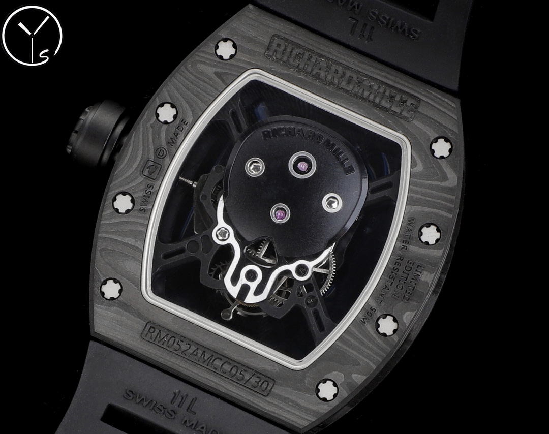 Richard Mille RM Series RM 52-01 carbon fiber camouflage case black rubber strap movement caseback detail view
