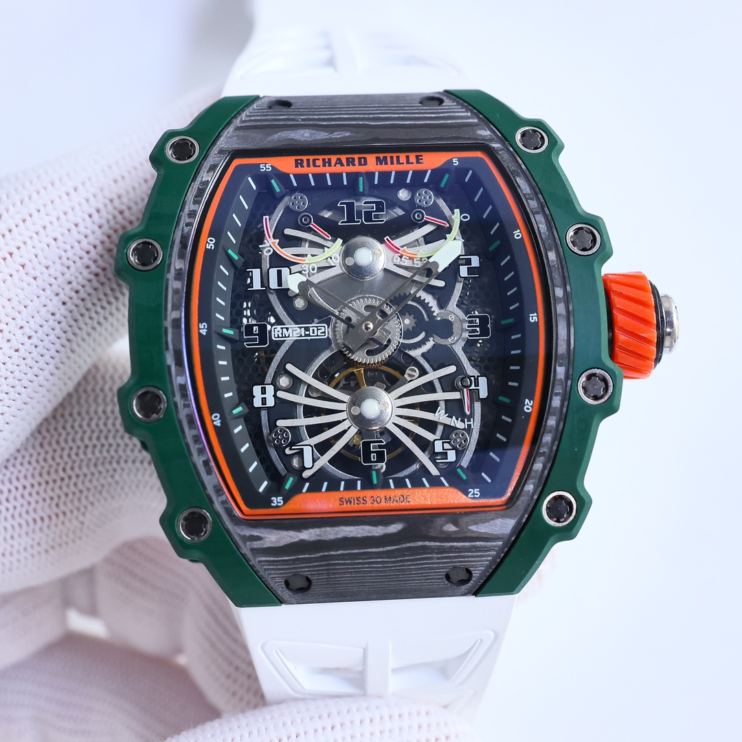 Richard Mille RM21-02 Tourbillon Aerodyne Carbon Fiber Green Bezel Skeleton Dial Close-Up
