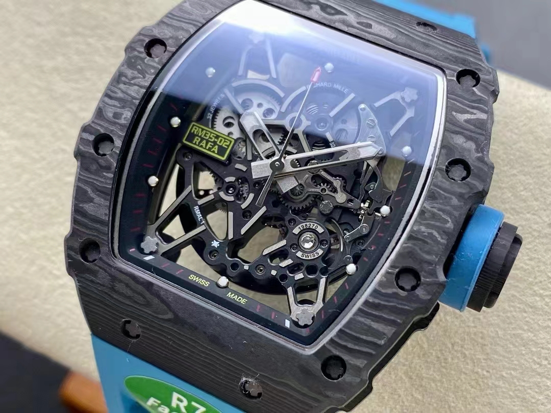 Richard Mille RM Series RM35-02 black NTPT carbon fiber case blue rubber strap movement detail view