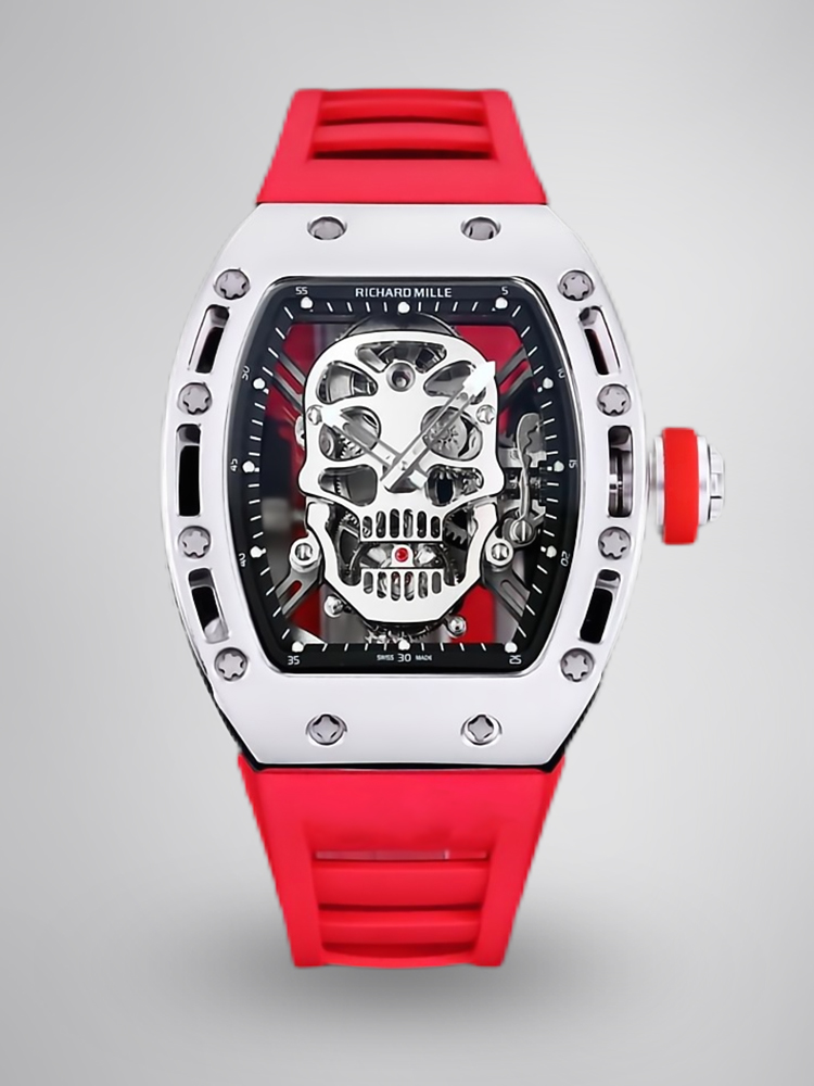 Richard Mille RM52 Tourbillon Red Rubber Strap Silver Case Skull Skeleton Dial Front View