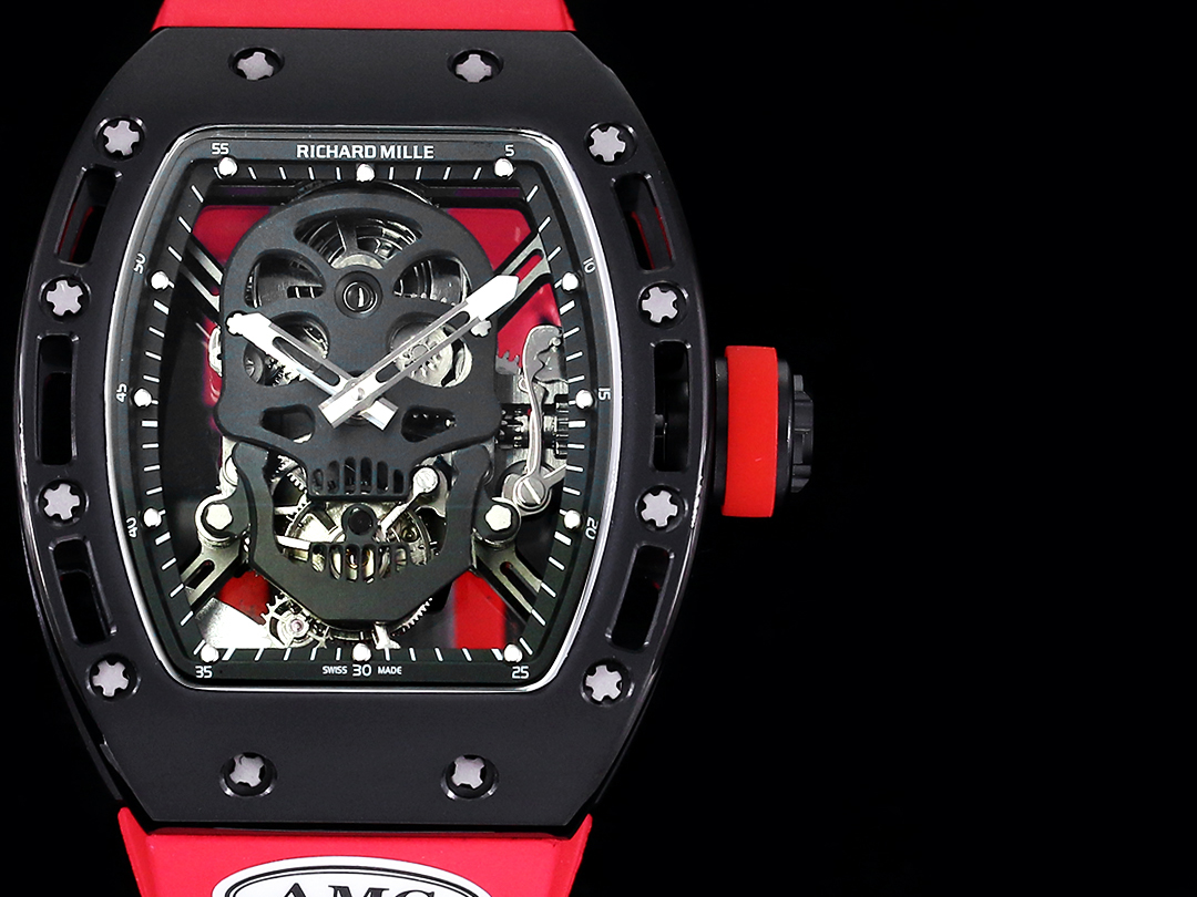 Richard Mille RM052 Titanium Skeleton Tourbillon Black Case Red Rubber Strap Black Skull Dial Detail Close-Up