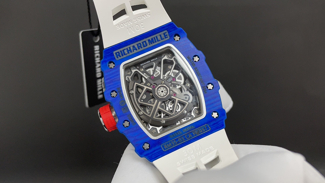Richard Mille RM Series RM35-03 blue case white rubber strap caseback movement detail view