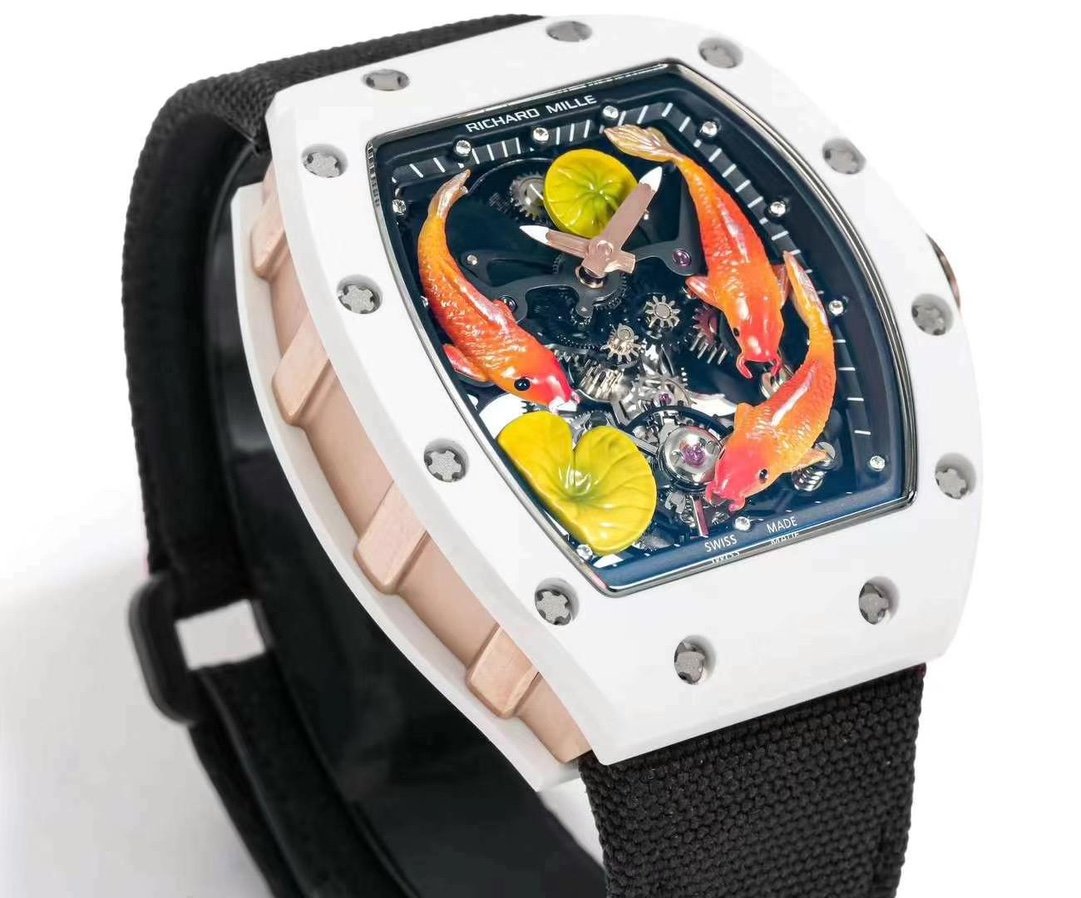Richard Mille RM S10 Koi Tourbillon White Ceramic Case Black Strap Close Up Detail View