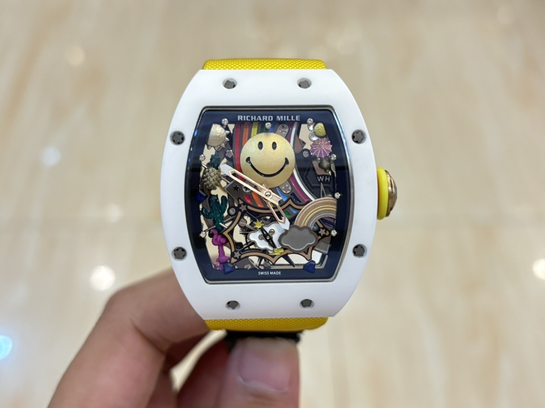 Richard Mille RM 88 Smiley White Case Yellow Nylon Strap Openworked Dial Front View On Wrist