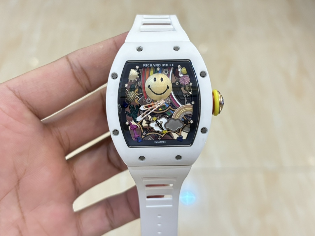 Richard Mille RM88 Smiley Tourbillon White Ceramic Case White Rubber Strap Full Front View Handheld